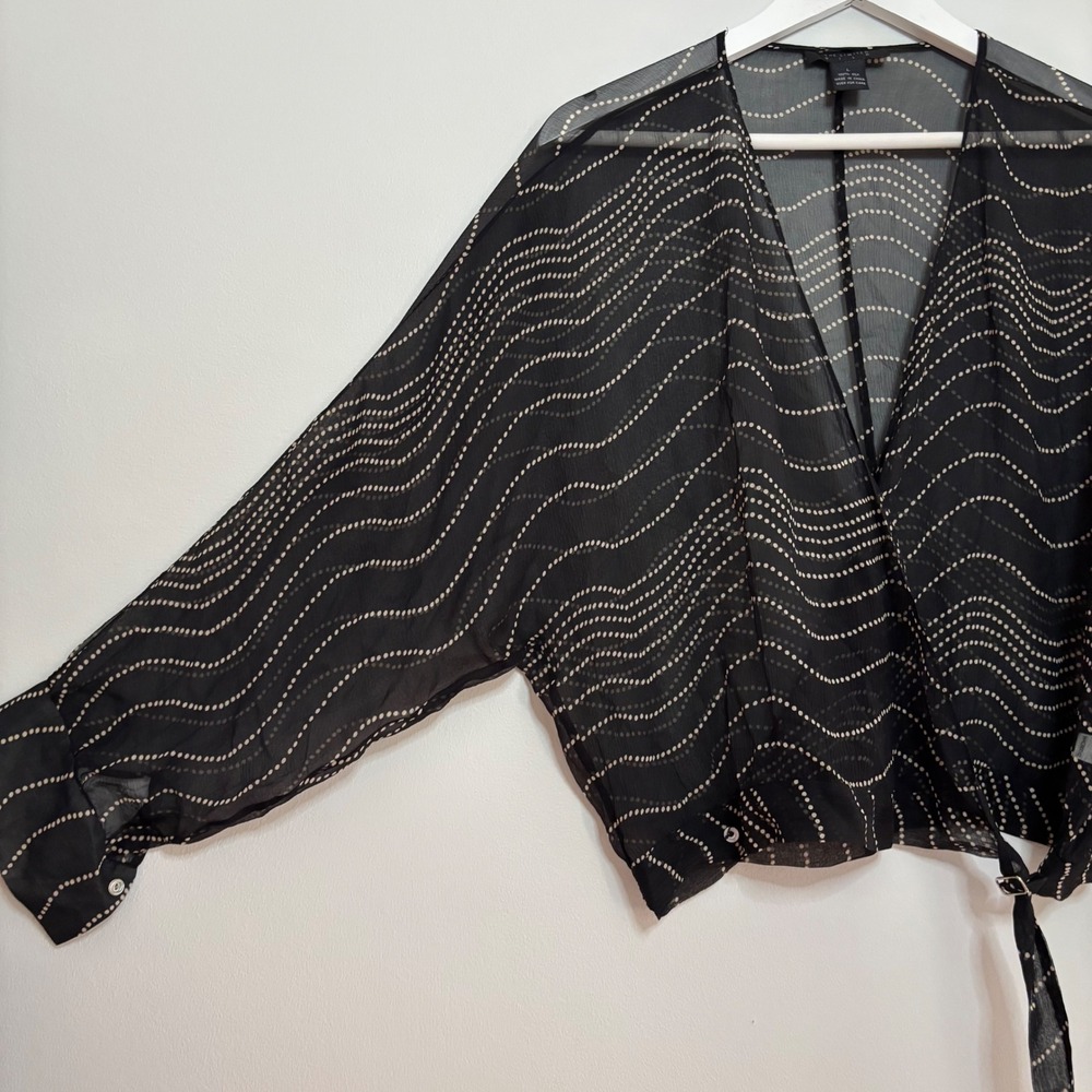 Express 100% Silk Black Cropped Blouse Large Long Sleeve Sheer Modern Witchy